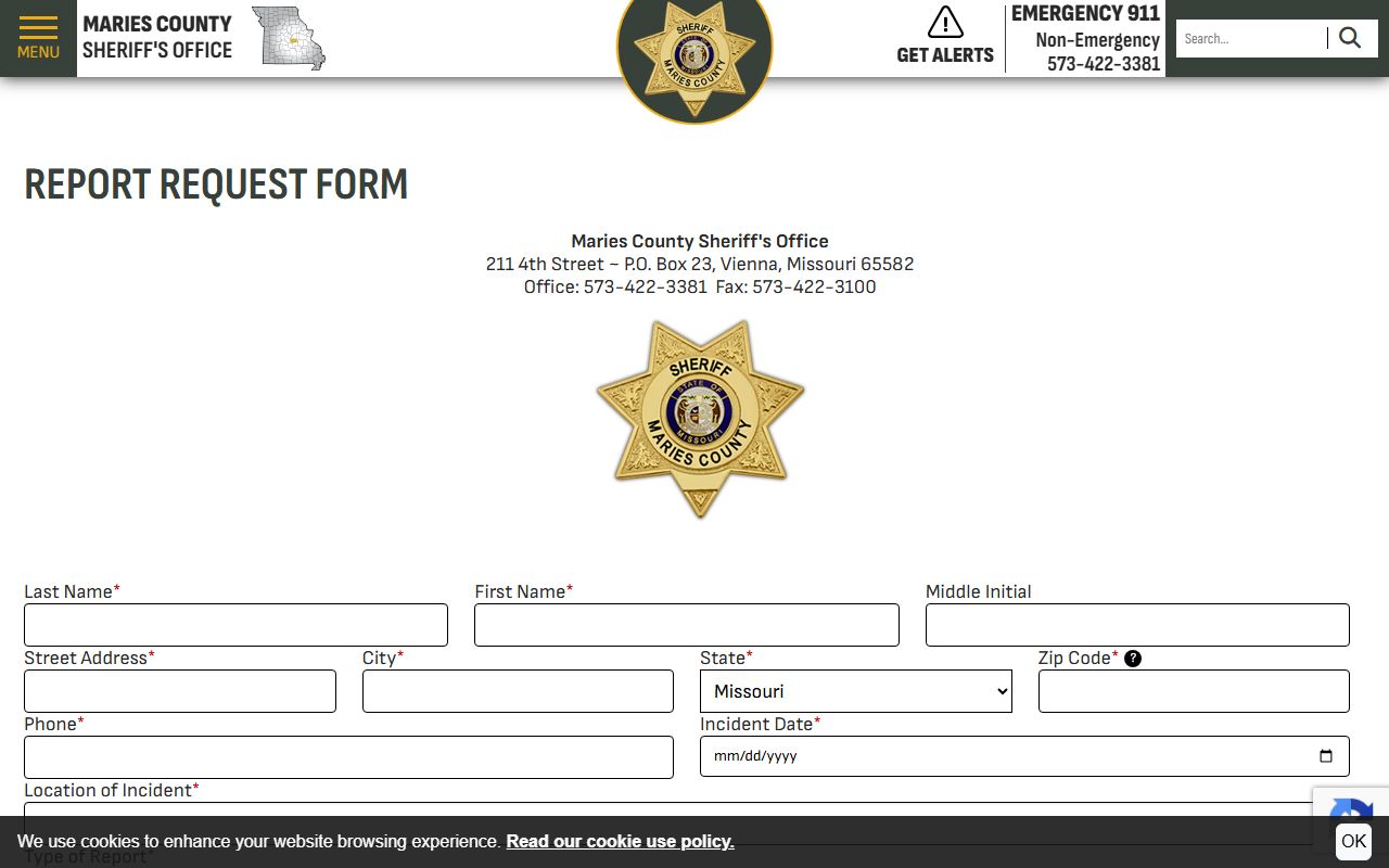 Maries County inmate records report request form fields