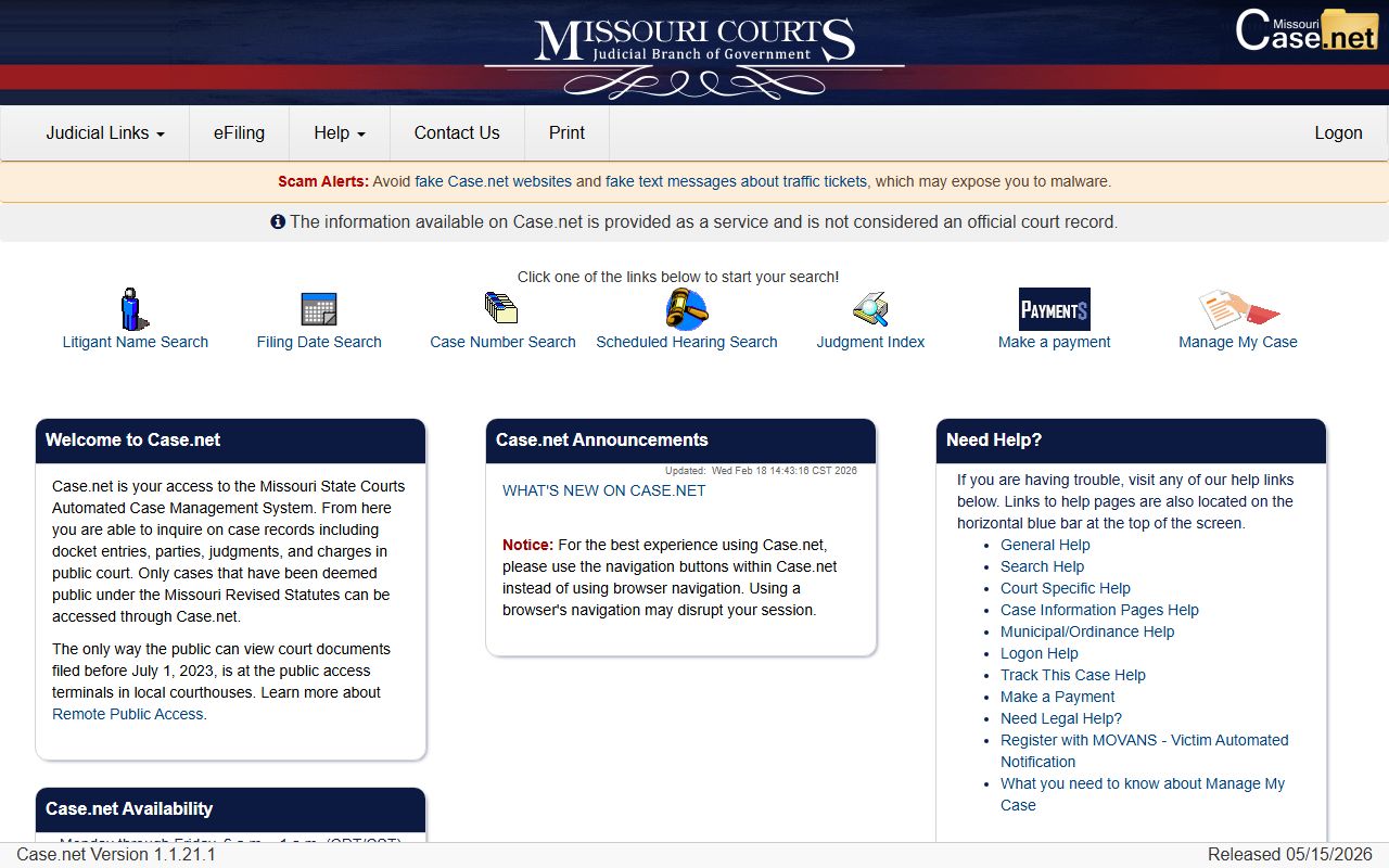 Missouri Case.net portal for Maries County court records after arrest
