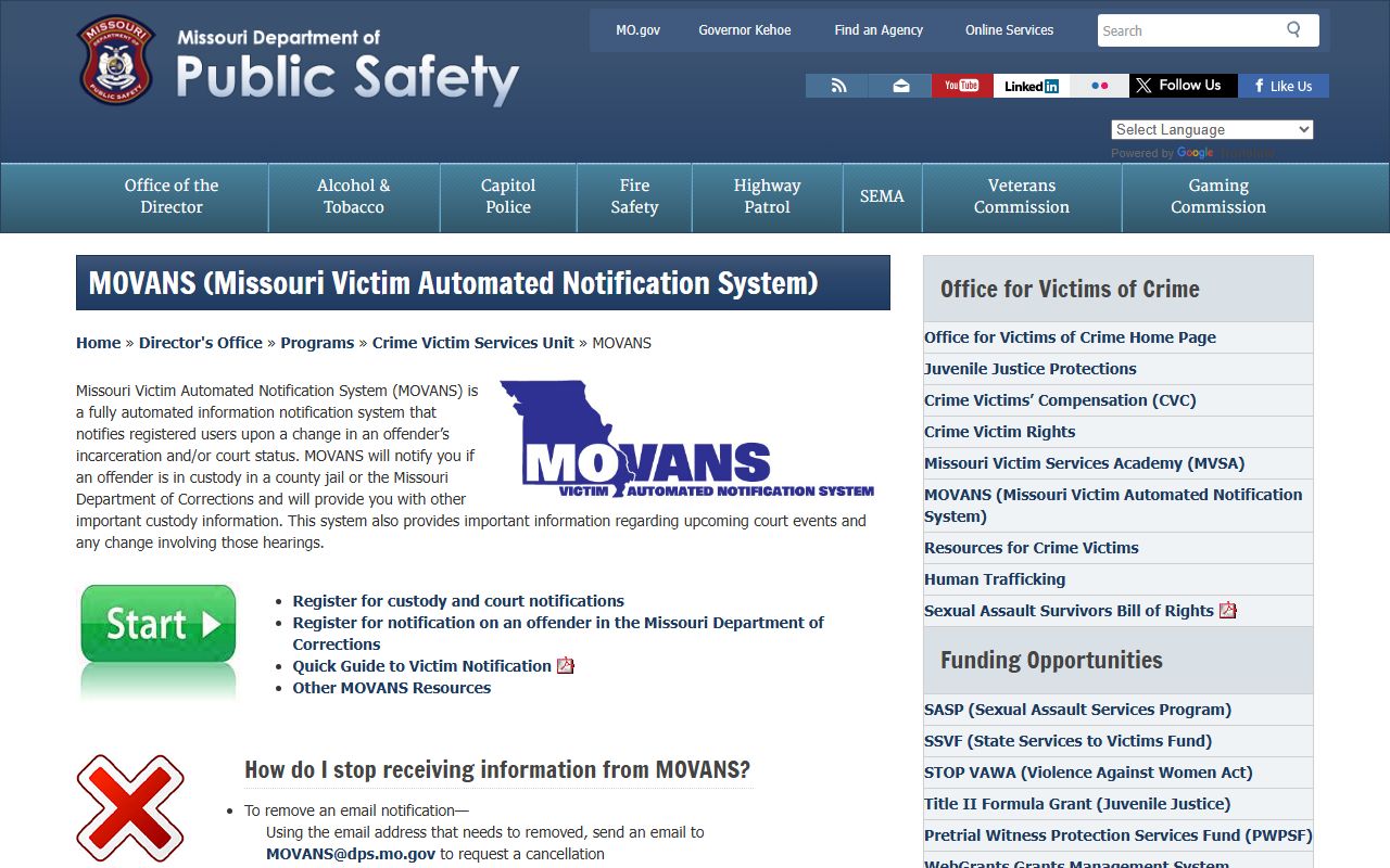 Maries County inmate population MOVANS VINELink notifications